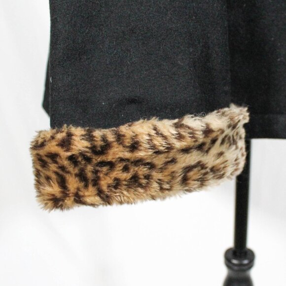 Vintage 1990s Herman Kay Black Wool Coat Leopard Faux Fur Trim Hood Grunge 90s - Picture 6 of 10